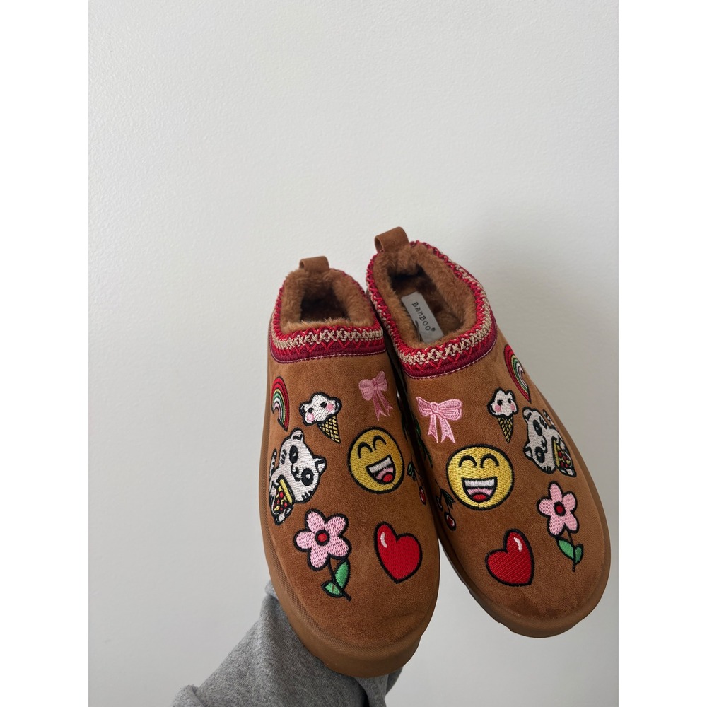 New Women's Bamboo Embroidered Platform Clogs – Brown – Slip-On – Size 10 - Picture 2 of 6